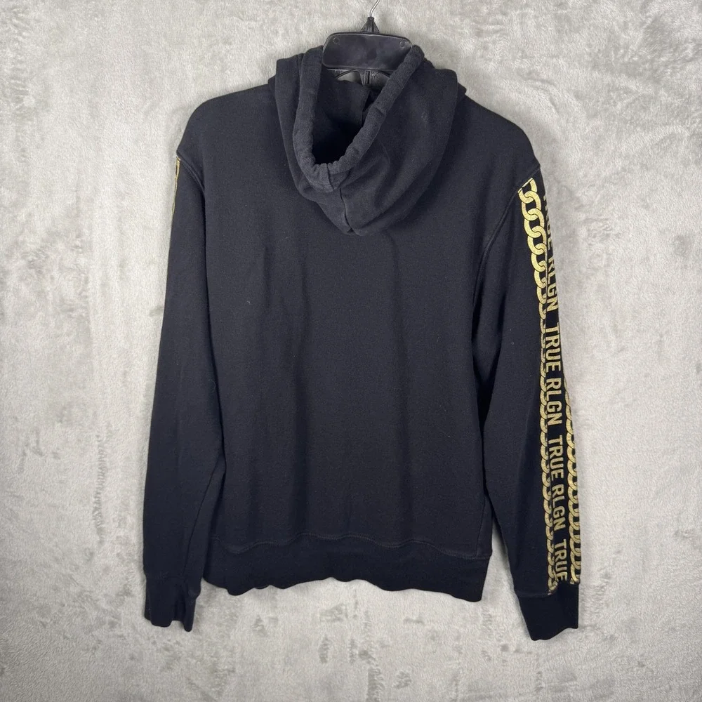 True Religion Hoodie Mens Large Black Full Zip Sweatshirt Gold Chain Sleeve‎